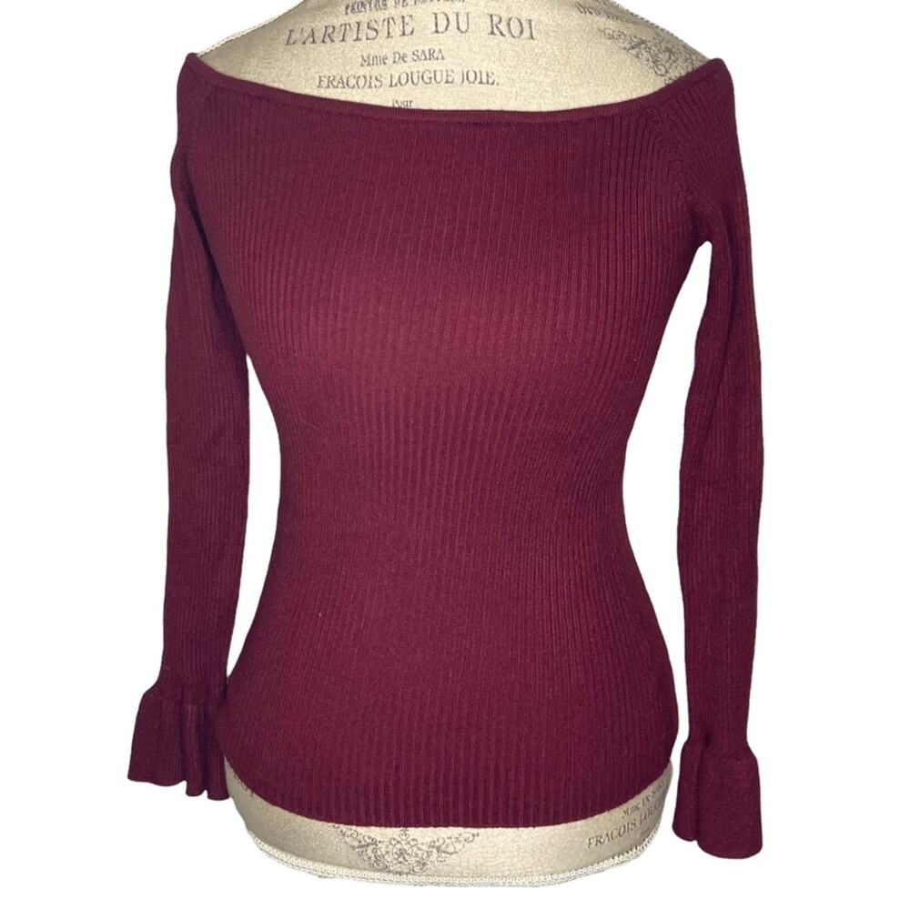 Hers & Mine Burgundy Ribbed Flounce Knit Long Sleeve Blouse Women’s Size Large